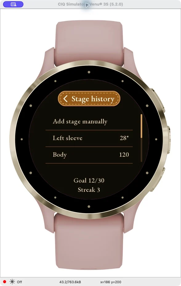 Rzeczywisty ekran Garmin: historia etapów i liczby rzędów