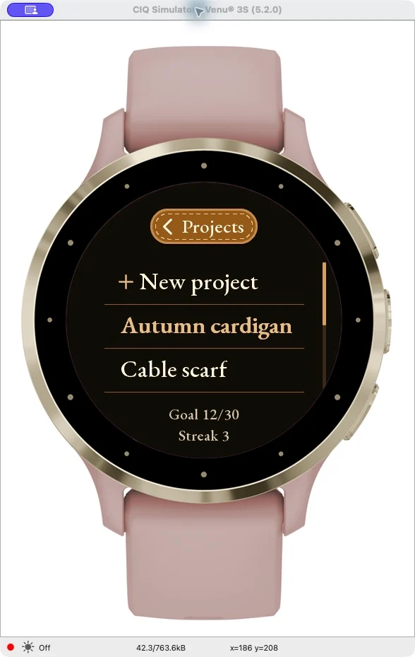Rzeczywisty ekran Garmin: lista projektów Autumn cardigan i Cable scarf
