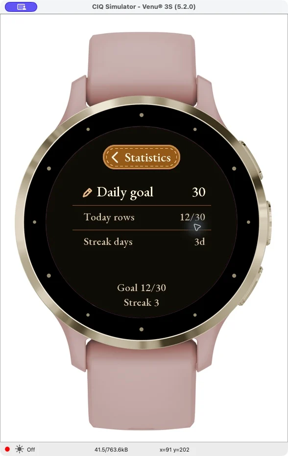 Rzeczywisty ekran statystyk Garmin: cel 30 rzędów, postęp 12/30 i seria 3 dni